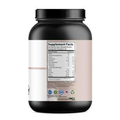 The PureEx Absolute Whey - Chocolate by Purex Nutrition displays a supplement facts label with nutritional information and whey protein ingredients on its black and brown container. Certification logos highlight its muscle recovery benefits.