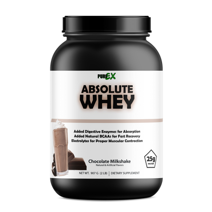 A black container of PureEx Absolute Whey by Purex Nutrition in chocolate milkshake flavor features BCAAs for muscle recovery, added enzymes, and electrolytes with 25g of protein per serving, weighing 907g (2 lbs).