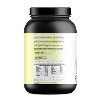 A black and yellow container of PureEx Absolute Whey - Vanilla by Purex Nutrition features a detailed label with ingredients, amino acids, and nutritional info. Suggested use and nutrient facts are highlighted. The black lid is secure, designed for optimal muscle recovery.