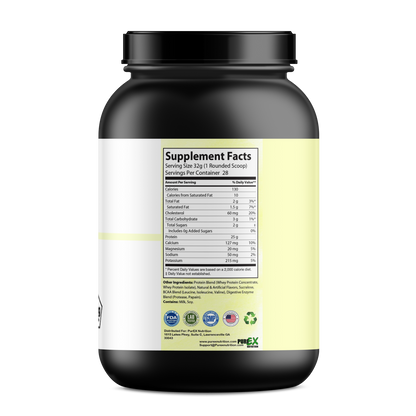 A black and white PureEx Absolute Whey - Vanilla container from Purex Nutrition features a Supplement Facts label with whey protein. It details calories, proteins, amino acids, and other essential nutrients for muscle recovery. Certification icons enhance the sleek design at the bottom.