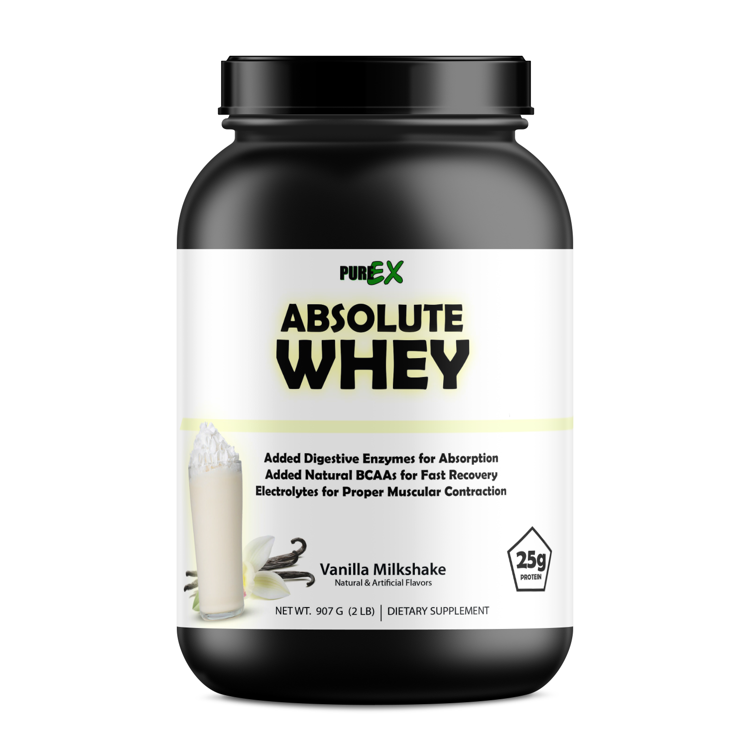 A black Purex Nutrition container labeled PureEx Absolute Whey - Vanilla features amino acids, digestive enzymes, BCAAs, electrolytes, and 25g protein for muscle recovery. An image displays a vanilla milkshake with vanilla flowers.
