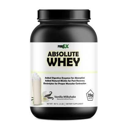 A black Purex Nutrition container labeled PureEx Absolute Whey - Vanilla features amino acids, digestive enzymes, BCAAs, electrolytes, and 25g protein for muscle recovery. An image displays a vanilla milkshake with vanilla flowers.
