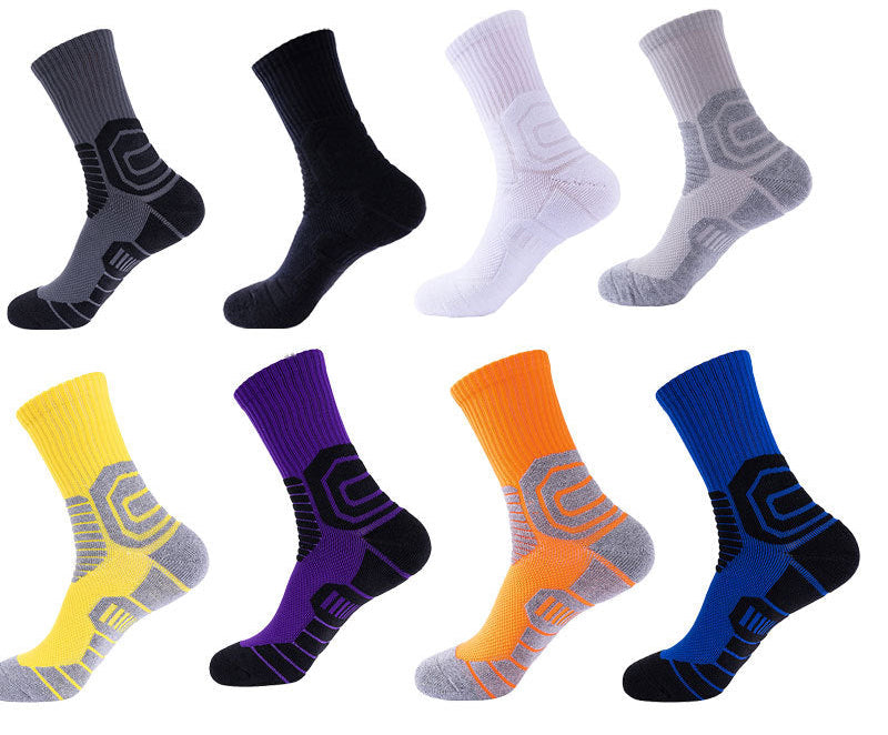The 8 Pairs Men Compression Running Socks by Modalyst are vibrant in gray, black, and blue. They feature reinforced heels and toes for durability, breathable mesh for comfort, and a clean white packaging with 8 Pairs prominently displayed—ideal for active wear like running or hiking.