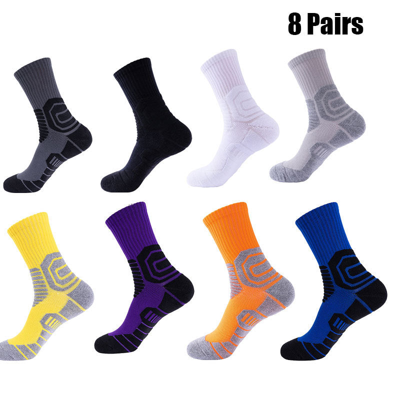 Modalyst offers a set of 8 pairs of compression running socks in vibrant colors—grey, black, white, yellow, purple, orange, and blue—featuring breathable mesh and anti-blister protection. Grey accents highlight toes, heels, ankles. 8 Pairs is prominently displayed on the packaging.