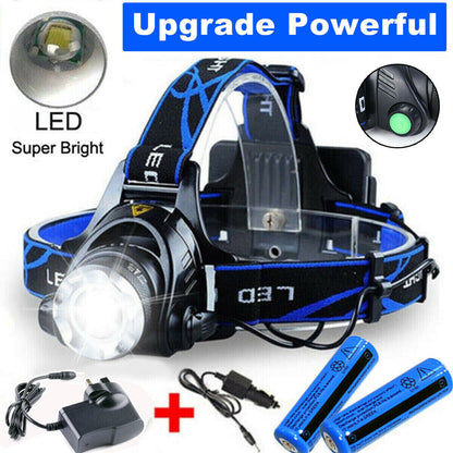 The Modalyst 990000LM Rechargeable LED Headlamp features a zoomable tactical flashlight with ultra-bright illumination, adjustable blue and black straps, two rechargeable batteries, a charger, adjustable focus, and boasts Upgrade Powerful and Super Bright features.