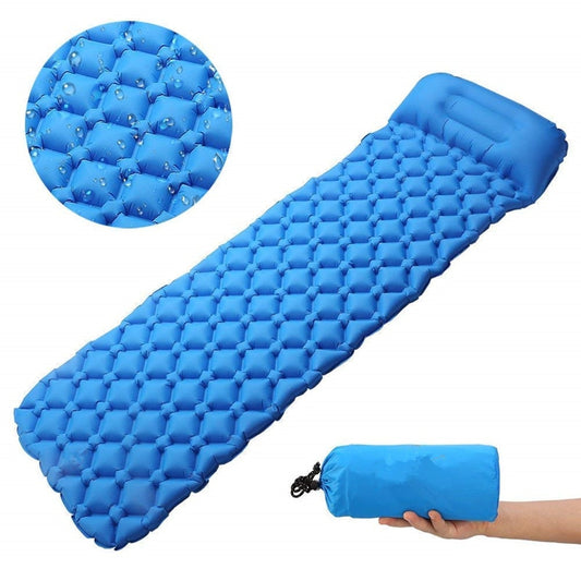 The eprolo Outdoor Inflatable Sleeping Pad features a quilted pattern with an inflated pillow end. Made from durable, tear-resistant fabric, it includes a texture close-up inset. A hand holds the ultralight air cushion tightly rolled in a compact blue bag.