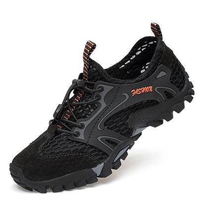 The Mens Summer Breathable Hiking Shoes by eprolo are black outdoor sneakers with a rugged non-slip outsole, mesh design for breathability, a unique lacing system, an orange FASHION label on the side, and a heel pull tab for easy wear.