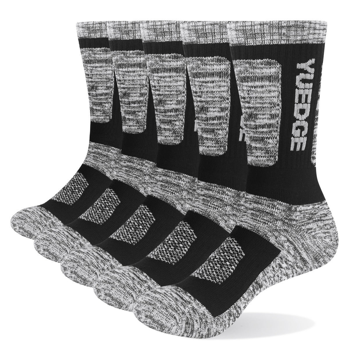 Five pairs of Mens Pure Cotton Outdoor Sports Socks by eprolo, featuring cushioned thickened terry bottoms and a speckled gray design, offer durable breathability, ideal for any adventure.