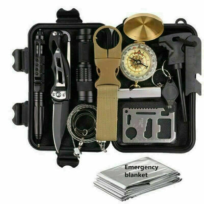 The Modalyst 14-In-1 Outdoor Emergency Survival Kit includes a folding knife, flashlight, multi-tool card, compass, pen, wire saw, and an emergency blanket in a black tactical gear case—ideal for any preparedness plan.