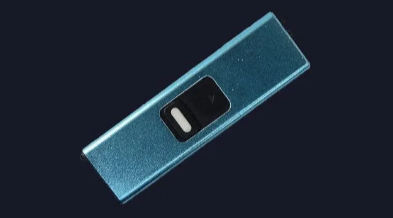 Image of a sleek blue rectangular device labeled Telescopic Pulse Arc Lighter with LED Flashlight by eprolo, featuring a 7S automatic shutdown for enhanced safety and USB charging for portability. Its mini USB drive design is convenient and innovative, utilizing reliable pulse arc lighter technology.