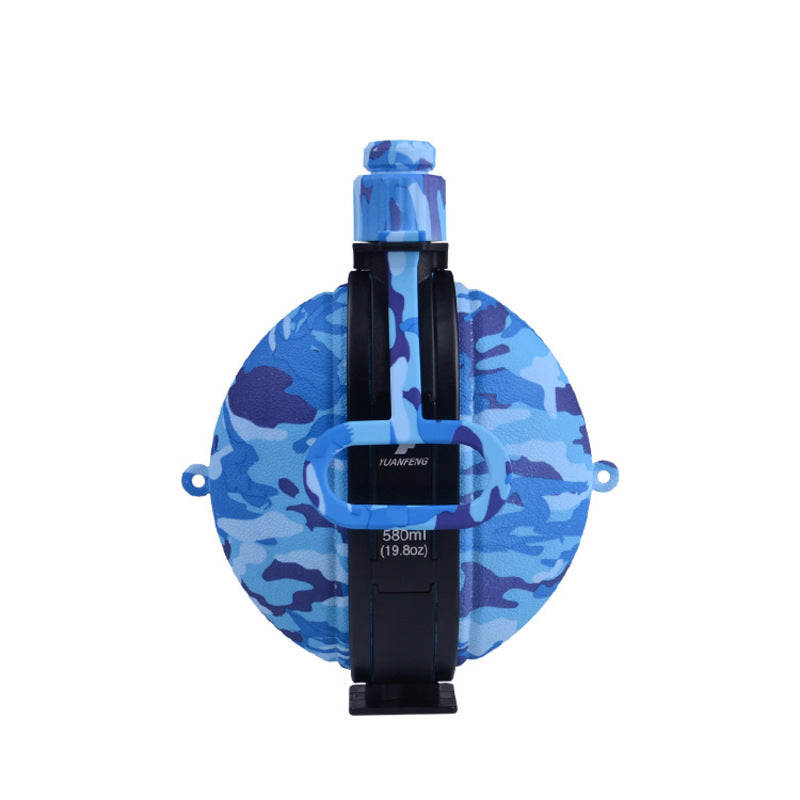 The eprolo Portable Silicone Folding Sports Water Bottle – 580ml is a must-have with its collapsible design, food-grade silicone, blue camouflage pattern, black adjustable strap, and compact round shape for on-the-go convenience. Capacity is visibly marked at 580ml (19.8oz).