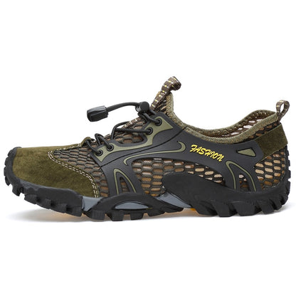 The eprolo Mens Summer Breathable Hiking Shoes are rugged green and black sneakers with mesh panels, perfect for outdoor adventures. They feature a non-slip outsole, heel pull-tab, toggle lace closure, quick-dry technology for all-day comfort, and Fashion printed on the side.