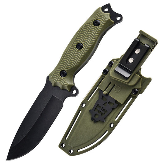 The eprolo A3 High Hardness Outdoor Multifunctional Portable Knife, featuring a black blade and green textured grip handle, is shown with its matching green sheath on a white background. The handy survival tool includes a sheath with a convenient clip for easy attachment.