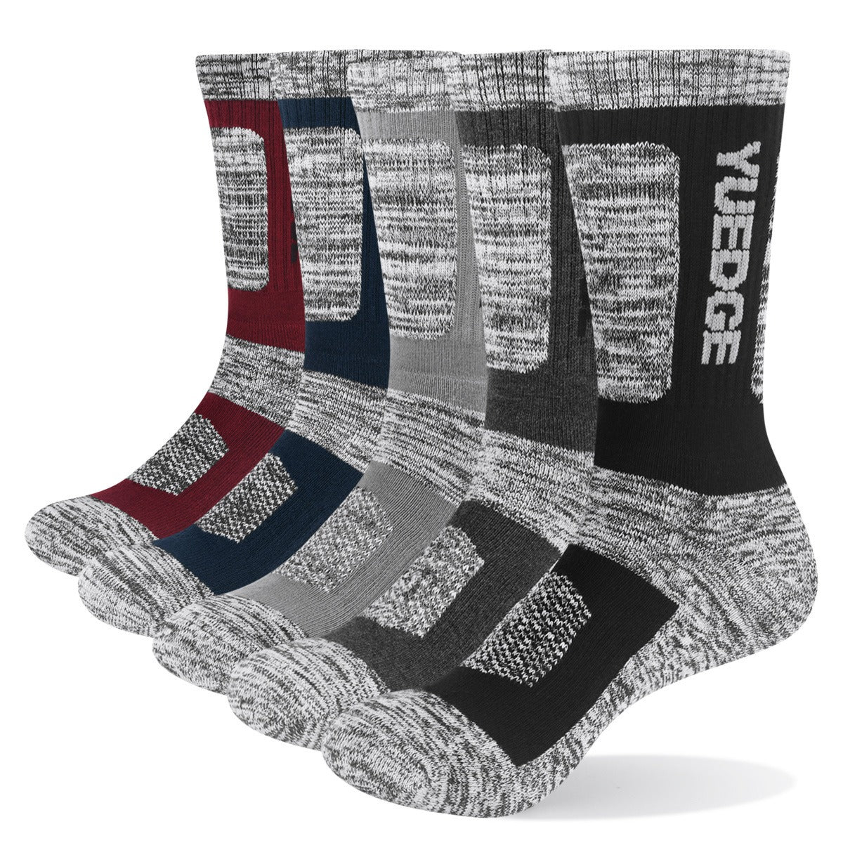 A set of five pairs of Mens Pure Cotton Outdoor Sports Socks from eprolo includes red, blue, gray, and black socks with Yuedge on the black pair. They feature breathable cotton, a textured pattern, reinforced panels, and a thickened terry bottom for comfort.