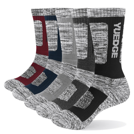 A set of five pairs of Mens Pure Cotton Outdoor Sports Socks from eprolo includes red, blue, gray, and black socks with Yuedge on the black pair. They feature breathable cotton, a textured pattern, reinforced panels, and a thickened terry bottom for comfort.