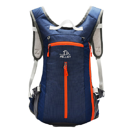 The Pelliot Outdoor Wear-Resistant Large Capacity Backpack by eprolo is ideal for hiking, cycling, and travel. It features a blue and orange design with multiple zippered compartments, mesh shoulder straps, a chest buckle, and prominently displays the brand name on the front.