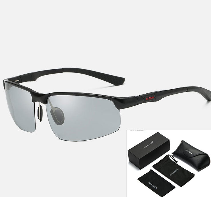 Discover the eprolo Photochromic Sunglasses Polarized Chameleon for men, offering sleek black frames with polarized, reflective lenses and red-detailed arms. They come with a black carrying case, cleaning cloth, soft pouch, and branded box—all showcased on a white background.