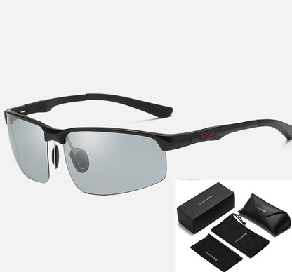 Discover the eprolo Photochromic Sunglasses Polarized Chameleon for men, offering sleek black frames with polarized, reflective lenses and red-detailed arms. They come with a black carrying case, cleaning cloth, soft pouch, and branded box—all showcased on a white background.
