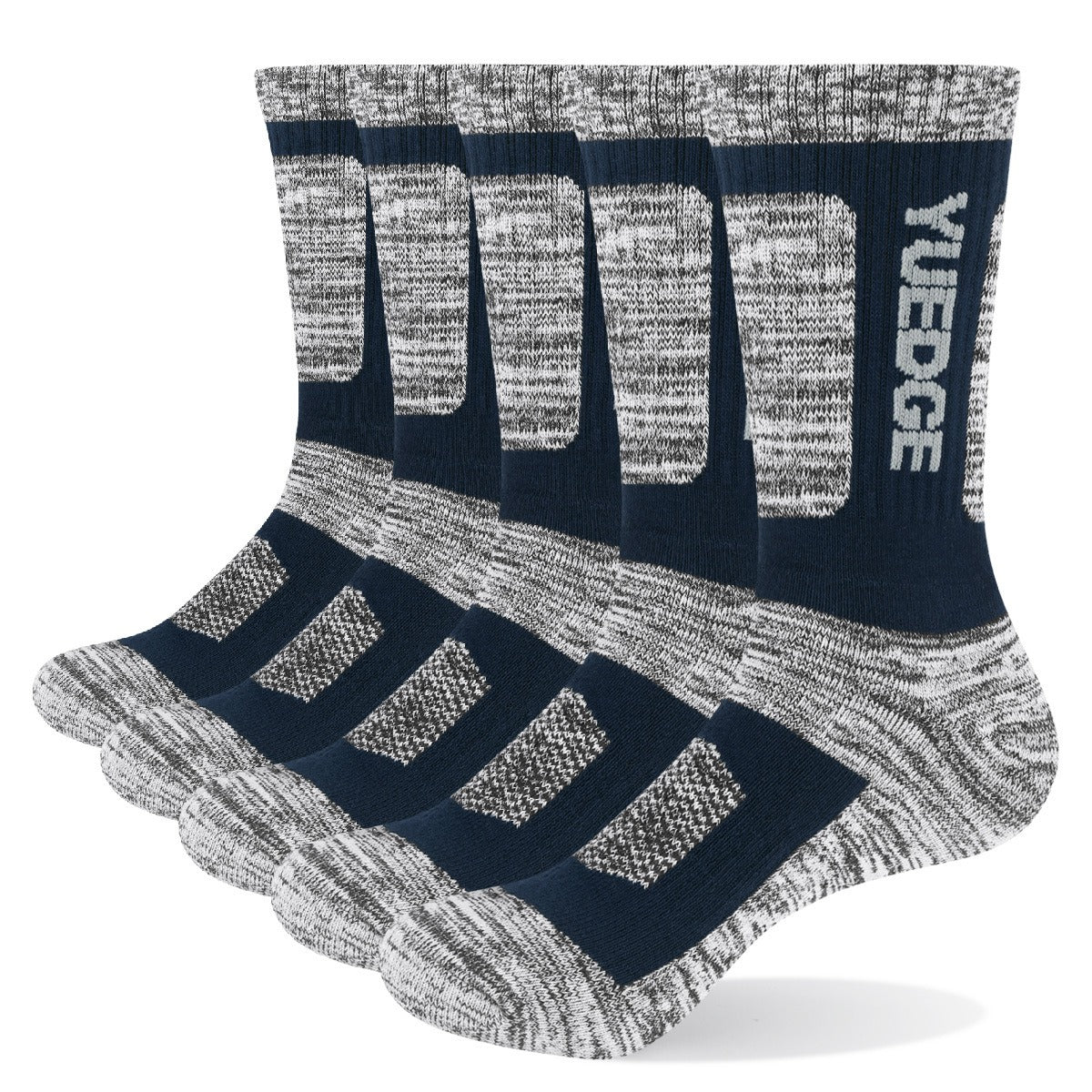 Five pairs of eprolo mens pure cotton outdoor sports socks in gray and navy feature YLEGDE text, a speckled design, reinforced toes and heels, and a thickened terry bottom for breathable comfort and durability on any adventure.
