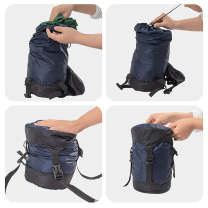 Four images feature a person mastering packing efficiency with eprolos Lightweight 40D Nylon Compression Stuff Sack for Sleeping Bags, demonstrating how to roll, buckle, and tighten the straps on this blue and black camping bag for compact storage.