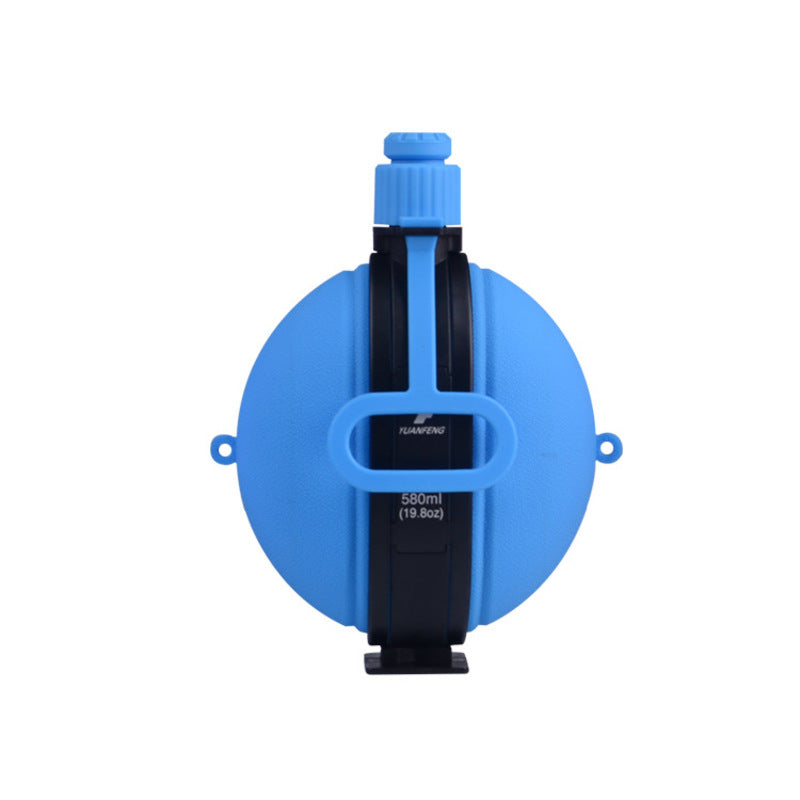 The eprolo Portable Silicone Folding Sports Water Bottle features a 580ml capacity in vibrant blue, with a collapsible design, black and blue cap, and strap. Made from food-grade silicone for easy storage.