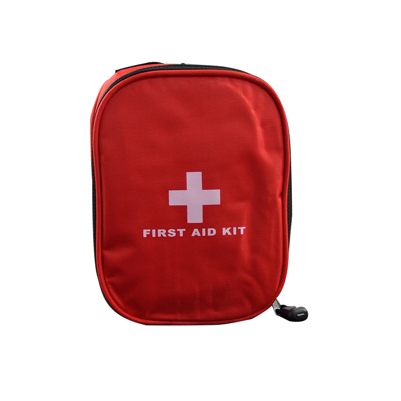 The eprolo 25-Piece Compact First Aid Kit for Camping, Hiking, Car, and Outdoor Emergencies features a red design with a white cross and FIRST AID KIT on the front. It has a zippered closure and sturdy fabric in a compact rectangular shape with rounded edges, ideal for outdoor use.