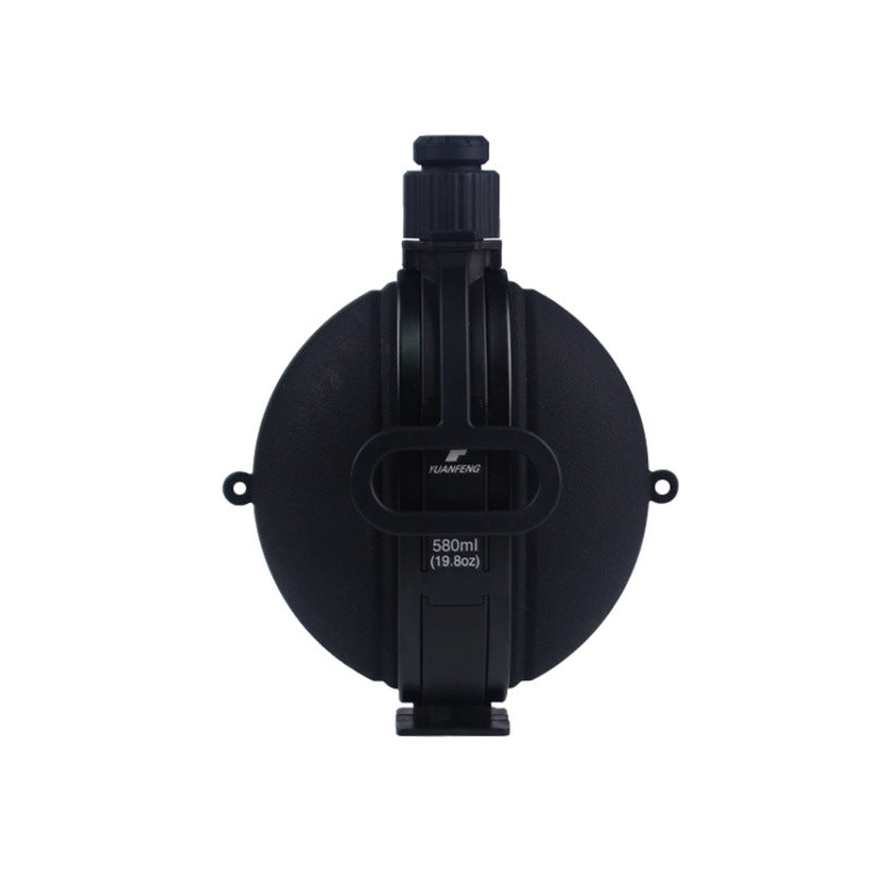 The eprolo Portable Silicone Folding Sports Water Bottle is black and round, with a 580ml capacity. It features a screw cap, strap, and two small loops for easy carrying. Made from food-grade silicone, this collapsible design ensures convenient storage and portability.