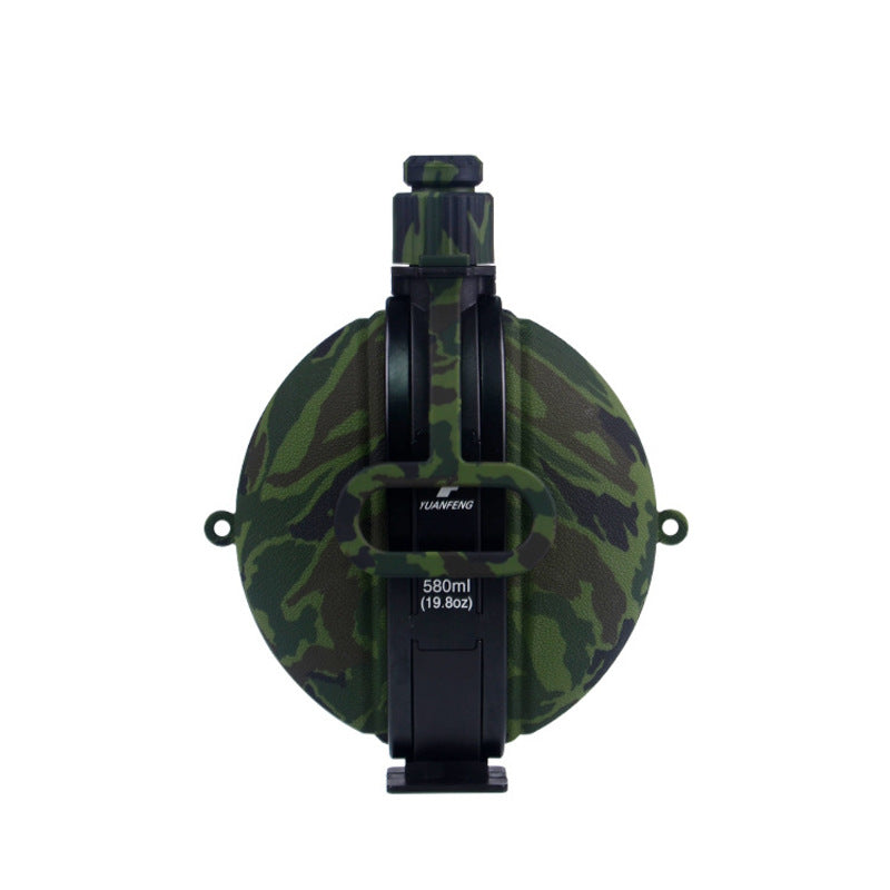 The Portable Silicone Folding Sports Water Bottle by eprolo features a camouflage design and food-grade silicone material. With a 580ml (19.8oz) capacity, it includes a collapsible format, compact round shape, central black strap, and top handle for easy portability.