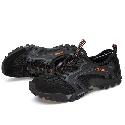 Eprolos Mens Summer Breathable Hiking Shoes are minimalist outdoor sneakers with black mesh and synthetic overlays. They have non-slip outsoles, quick-dry tech, black laces, a pull-tab at the heel, and Fashion in orange on the side.