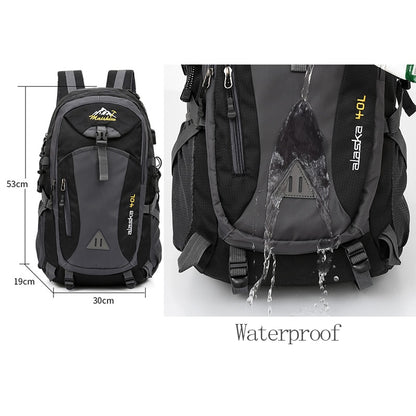 A black and gray 40L waterproof backpack from eprolo, labeled 40L Waterproof Unisex Outdoor Backpack, is showcased. Images underline its dimensions—53cm height, 30cm width, 19cm depth—and feature water rolling off its surface, making it perfect for outdoor adventures like hiking and climbing.