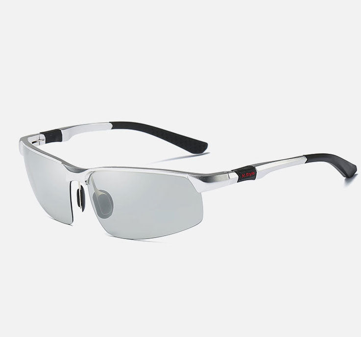 Eprolos Photochromic Sunglasses Polarized Chameleon for men feature a silver frame with tinted reflective lenses and polarized protection, including black arm tips and adjustable nose pads, resting on a plain white surface.