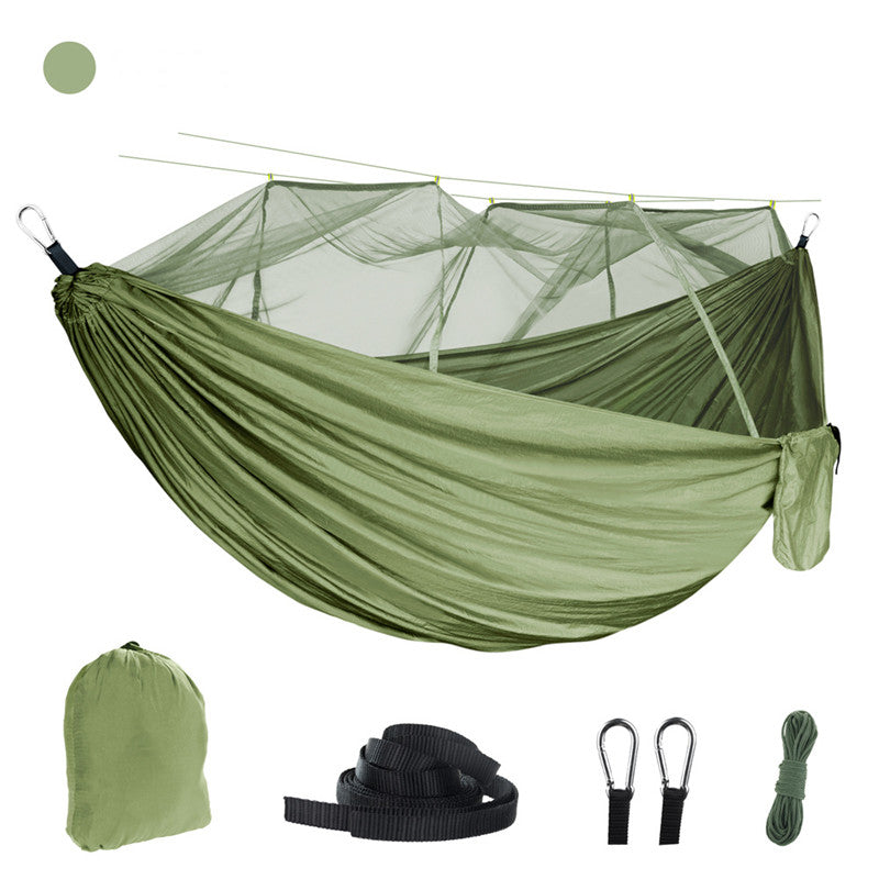 The My Store Lightweight Portable Camping Hammock, crafted from durable parachute nylon, includes an integrated mosquito net. Its suspended by ropes and features a pocket, plus it comes with black straps, metal carabiners, a coil of rope, and a green carrying bag for easy transport.