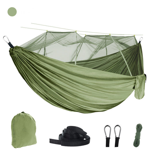 The My Store Lightweight Portable Camping Hammock, crafted from durable parachute nylon, includes an integrated mosquito net. Its suspended by ropes and features a pocket, plus it comes with black straps, metal carabiners, a coil of rope, and a green carrying bag for easy transport.