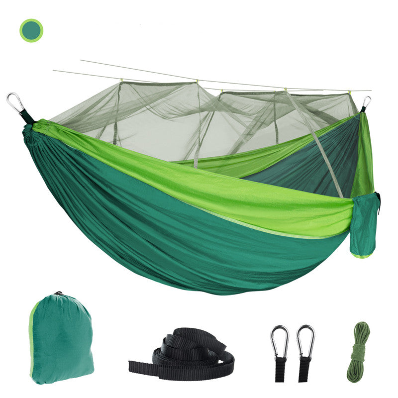 Relax in the eprolo Portable Camping Hammock with Mosquito Net, made from durable 210T parachute nylon. It comes with a carrying bag, two black straps, two metal carabiners, and a green rope for easy setup.