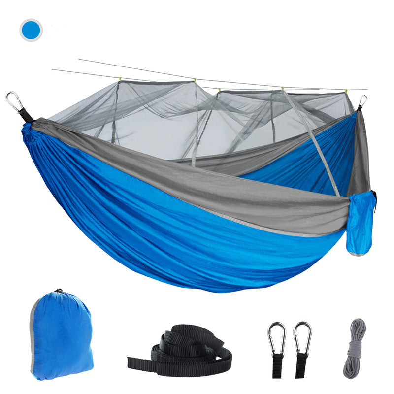 The eprolo Portable Camping Hammock with Mosquito Net is crafted from 210T parachute nylon in blue and gray, complete with hanging straps, carabiners, ropes, and a compact carrying bag. Ideal for lightweight camping trips. Displayed on a white background.