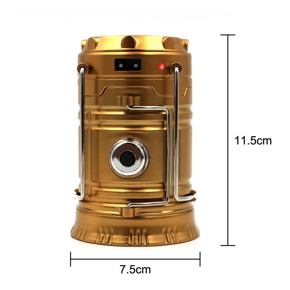 The eprolo LED Hand Lamp Rechargeable Collapsible Solar Camping Lantern is gold, cylindrical, 11.5 cm high, 7.5 cm in diameter, with a handle and black front button featuring a red indicator light—ideal for emergency preparedness kits.