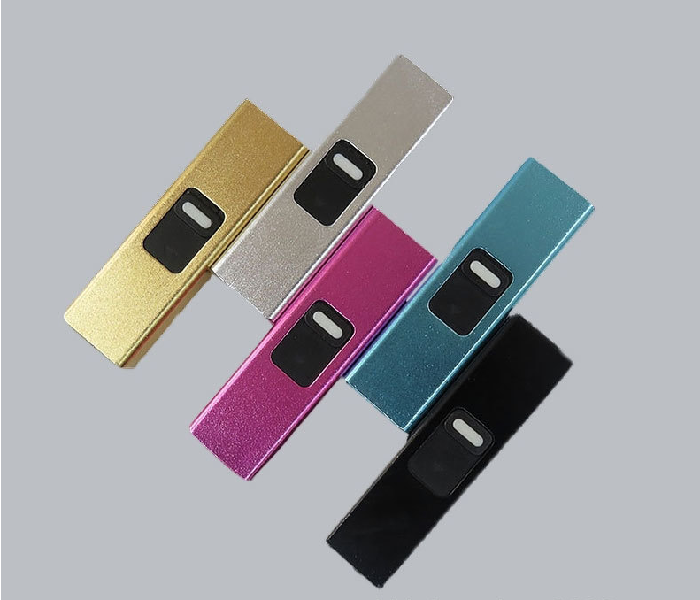 Five Telescopic Pulse Arc Lighters with fingerprint scanners, designed quadrilaterally with telescopic features, are aligned diagonally. From left to right, their colors are gold, silver, pink, teal, and black. They elegantly rest against a light gray background. Brought to you by eprolo.