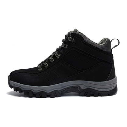The Breathable Waterproof Hiking Sneakers by My Store feature a black design with a thick, rugged gray sole, metal lace hooks, and anti-slip cushioning. They include a fabric pull tab at the heel and are perfect for outdoor use on all terrains.
