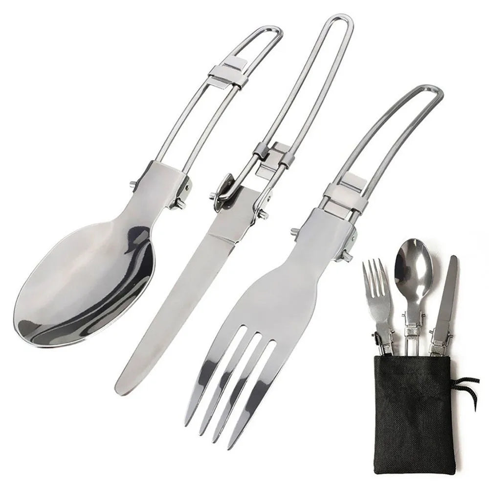 The Ten Essentials Camping Cookware Kit includes silverware with foldable handles—spoon, knife, and fork—ideal for outdoor cooking. Neatly stored above a black pouch, this lightweight set is perfect for hiking and travel.