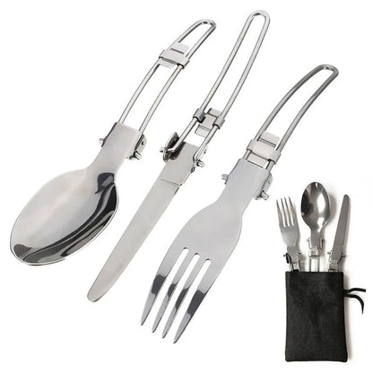 The Ten Essentials Camping Cookware Kit includes silverware with foldable handles—spoon, knife, and fork—ideal for outdoor cooking. Neatly stored above a black pouch, this lightweight set is perfect for hiking and travel.