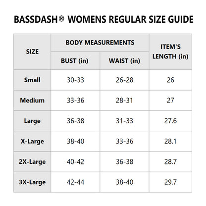 The Bassdash Womens UPF 50+ Long Sleeve Shirt from Ten Essentials offers sun protection for fishing and hiking. Size guide: Small (Bust 30-33, Waist 26-28, Length 26), Medium (33-36, 28-30, 27), Large (36-38, 31-33, 27.6) up to 3X-Large, designed for comfort with moisture-wicking fabric.