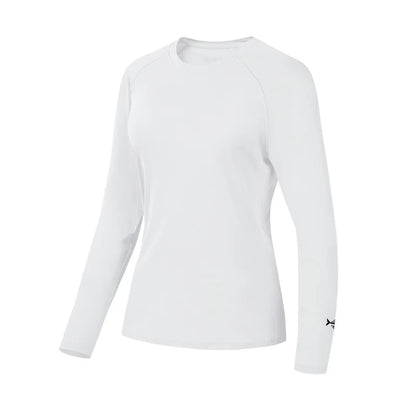 Bassdash Womens UPF 50+ Long Sleeve Performance Shirt by Ten Essentials, designed for fishing and hiking, features moisture-wicking fabric and a small black logo on the left sleeve cuff. Displayed on a plain background.