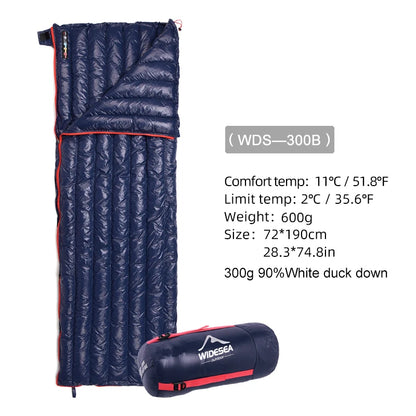 The Ten Essentials Widesea Ultralight Down Sleeping Bag is made from waterproof nylon and includes a comfort temp of 11°C, limit temp of 2°C. Weighing 600g, its filled with premium 90% duck down. Rolled-up design with carry sack; dimensions are 72*190 cm. Ideal for camping and travel.