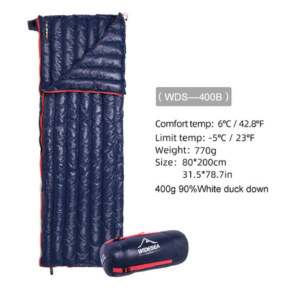 The Widesea Ultralight Down Sleeping Bag by Ten Essentials boasts a black rectangular design, waterproof nylon fabric, and a comfort temp of 6°C/42.8°F. Weighing 770g with 400g of 90% white duck down, it has a limit temp of -5°C/23°F and comes with a matching storage bag for convenience.