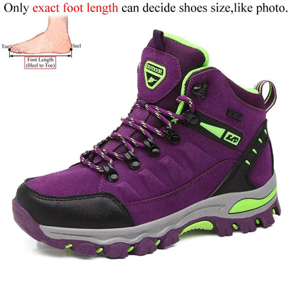 The Ten Essentials Women’s Winter Trekking Boots in purple and black with green accents are ideal for outdoor adventures, featuring a thick treaded sole and colorful laces. An above diagram emphasizes accurate foot measurement for proper sizing of these durable hiking and climbing shoes.