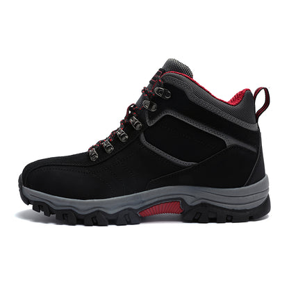 The black hiking boots from My Store feature gray and red accents, metal eyelets, and a thick anti-slip rubber sole. Their padded red interior offers cushioning for comfort and traction on rugged terrain. These breathable waterproof sneakers are perfect for all-terrain adventures.