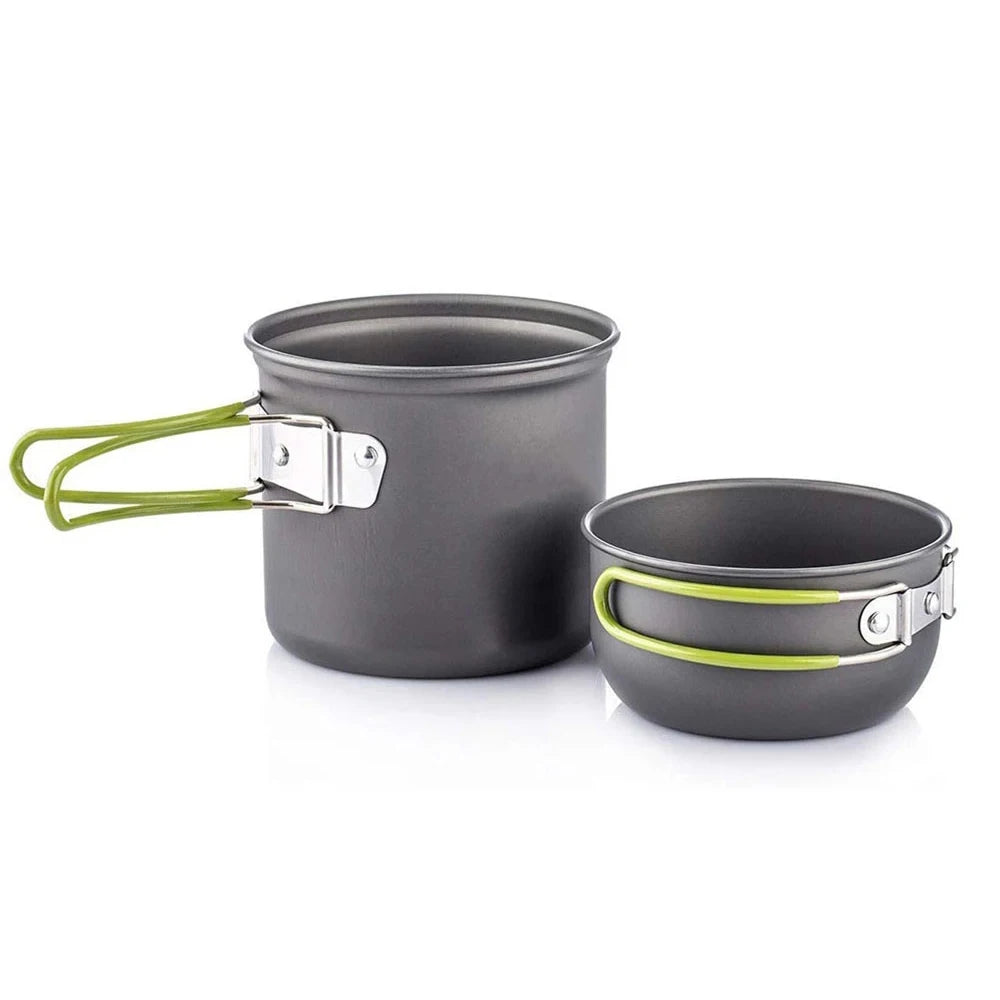 Explore the Ten Essentials Camping Cookware Kit with Stove, perfect for outdoor adventures. It features a tall black pot with folded green metal handles and a metallic-finish bowl, designed to elevate your camping cuisine experience.