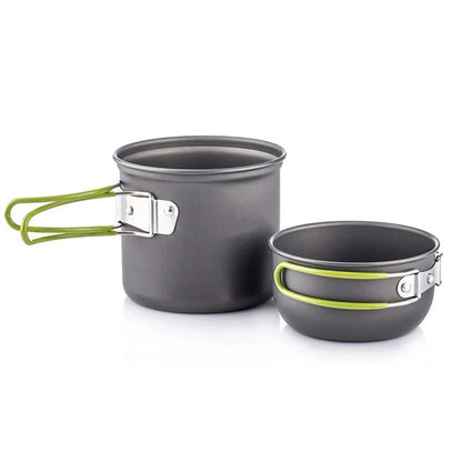 Explore the Ten Essentials Camping Cookware Kit with Stove, perfect for outdoor adventures. It features a tall black pot with folded green metal handles and a metallic-finish bowl, designed to elevate your camping cuisine experience.
