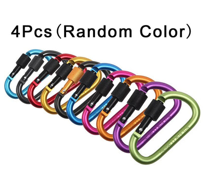 Ten Essentials 4-Piece Aluminum Carabiner Travel Kit features colorful alloy carabiners in black, blue, orange, purple, pink, red, and green with black locks. This multi-purpose set includes random colors and is perfect for adventurers who love camping and hiking.