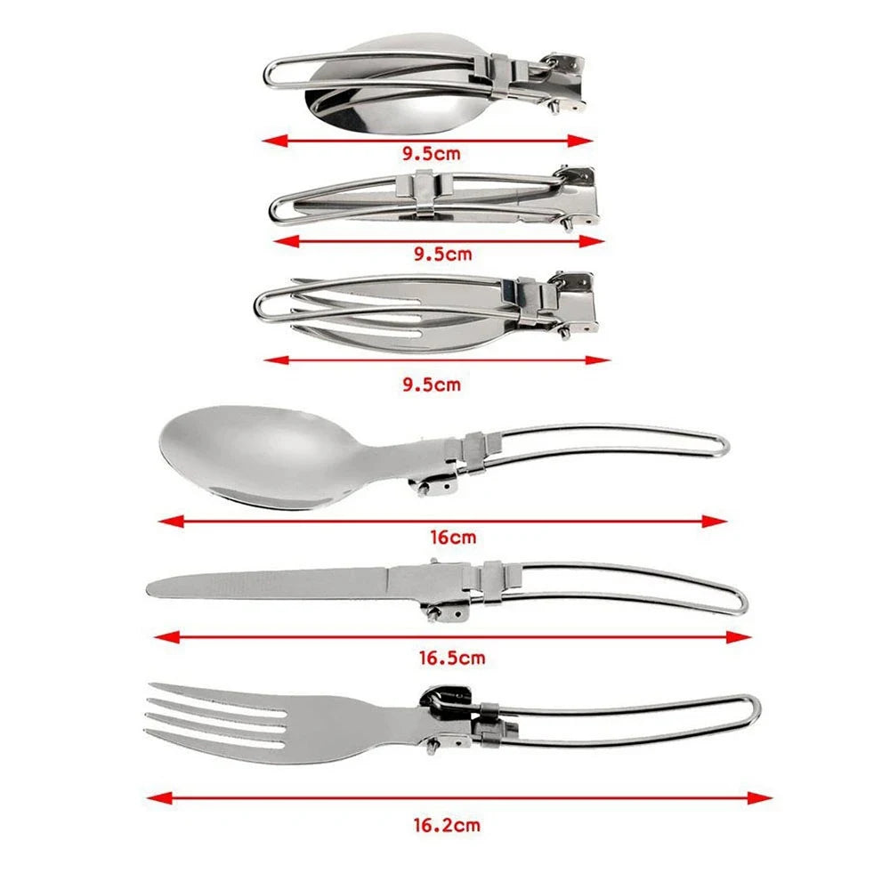 The Ten Essentials Camping Cookware Kit with Stove features foldable stainless steel cutlery—a knife, fork, and spoon. Perfect for outdoor cooking, each piece folds to 9.5 cm and extends to 16-16.5 cm with red arrows marking lengths—ideal for hiking and travel adventures.